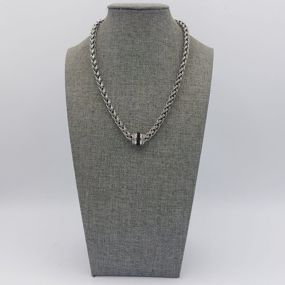 Necklace Silver Toned Wheat Braid Chain Hook Closure Barrel Black Clear Crystal - Picture 1 of 7